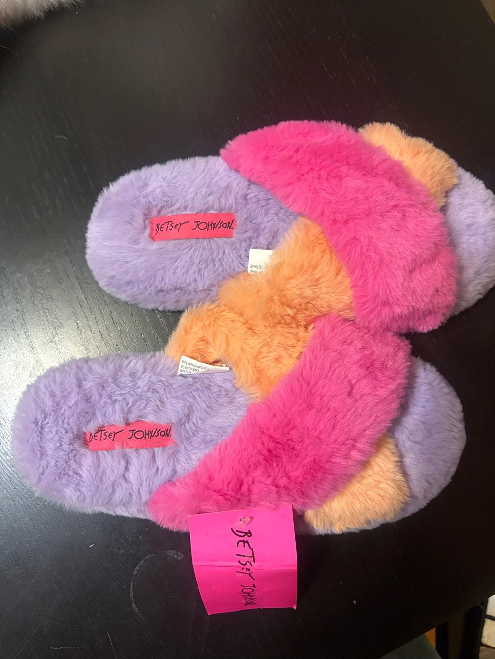 NWT Betsey Johnson Fuzzy Furry Slide Slippers — Pink, Lavender & Orange Sz 7-8
